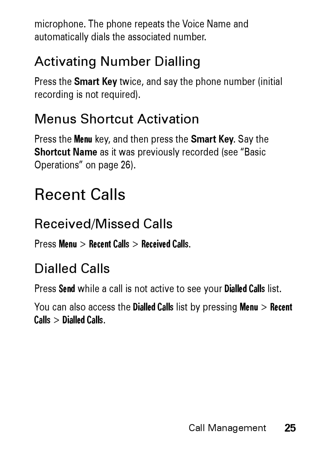 Motorola M930 Recent Calls, Activating Number Dialling, Menus Shortcut Activation, Received/Missed Calls, Dialled Calls 