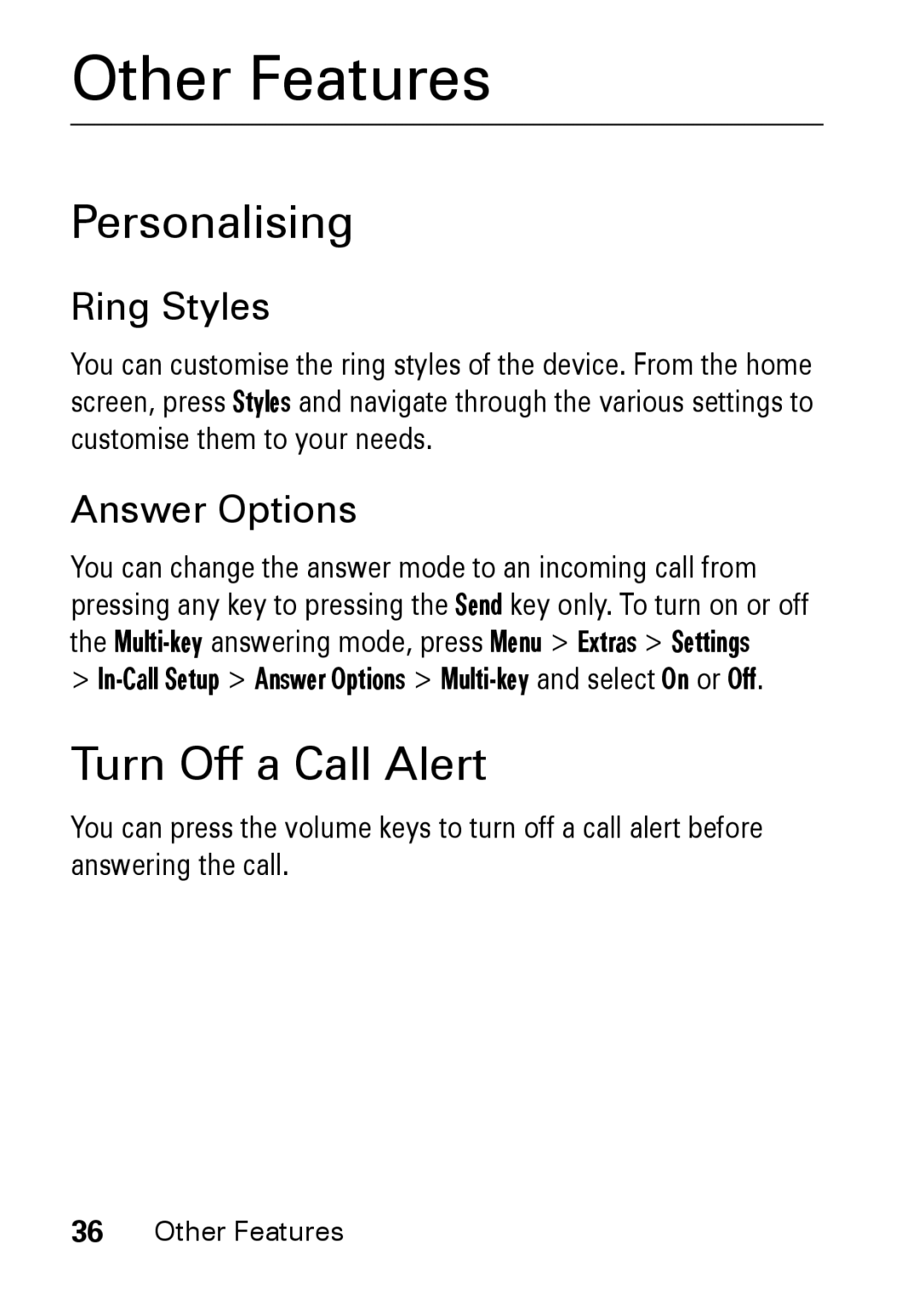 Motorola M930 manual Other Features, Personalising, Turn Off a Call Alert, Ring Styles, Answer Options 