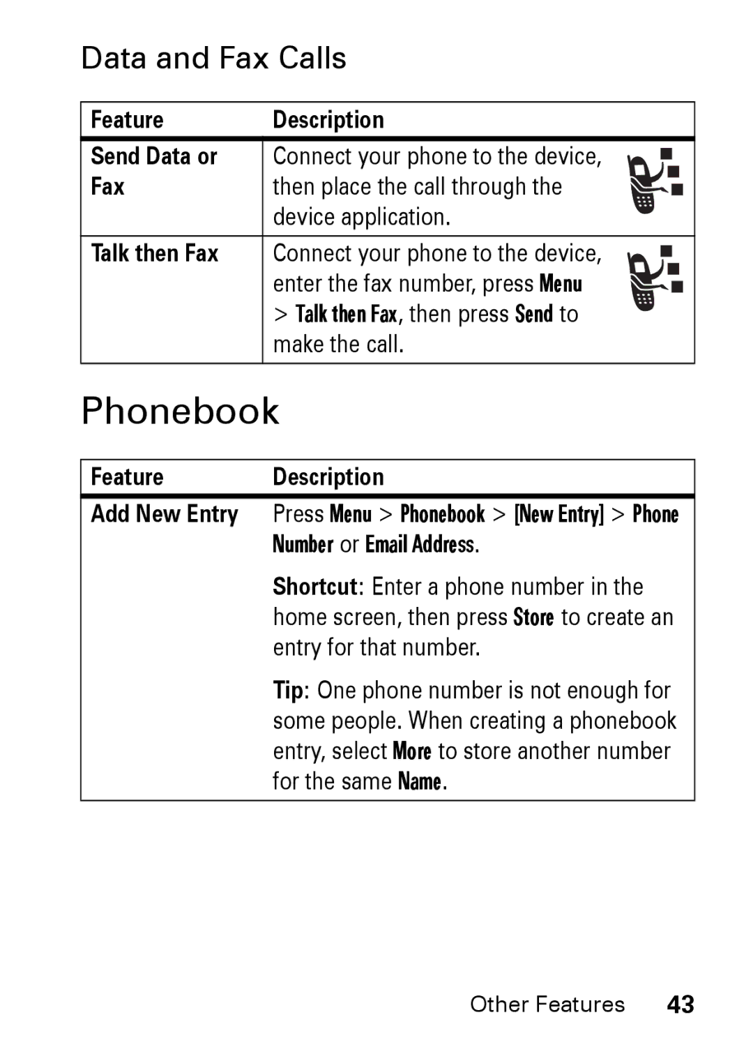 Motorola M930 manual Data and Fax Calls, Feature Description Send Data or, Talk then Fax 