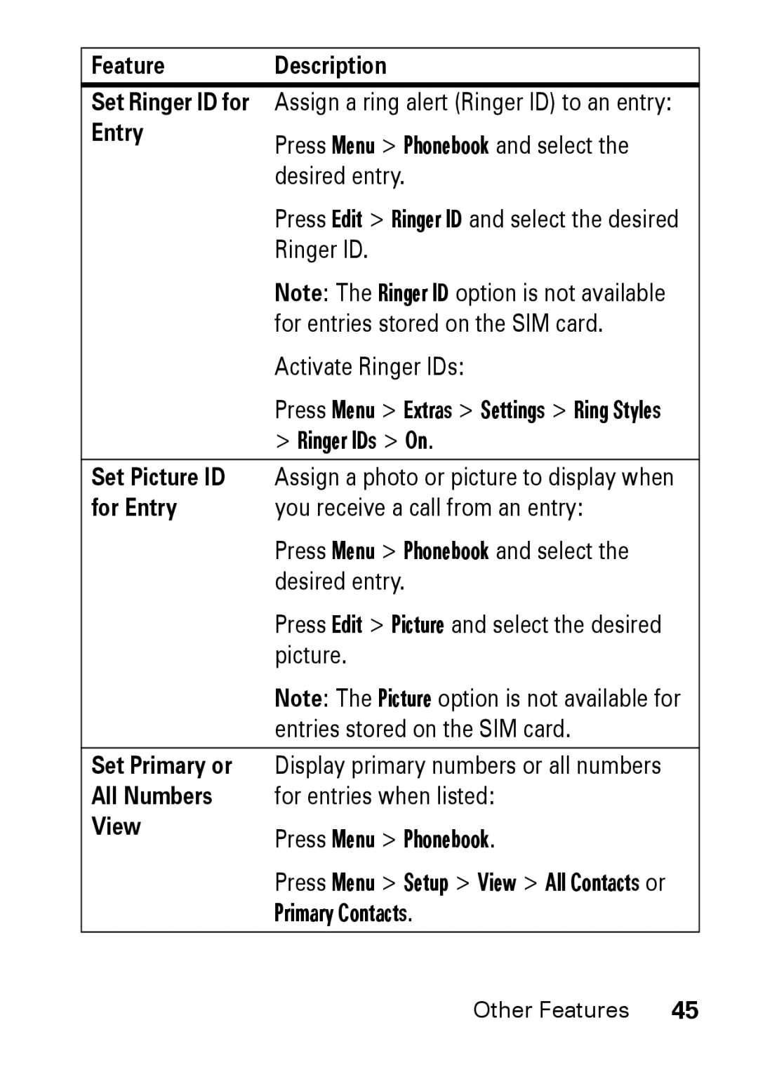 Motorola M930 manual Set Picture ID, For Entry, Set Primary or, All Numbers, View 