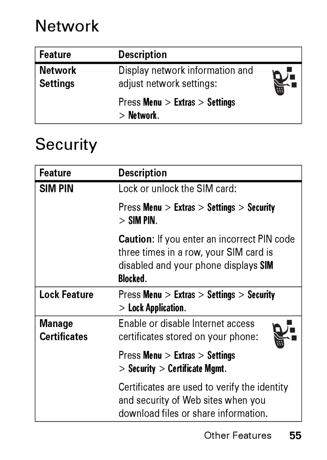 Motorola M930 manual Network, Security 