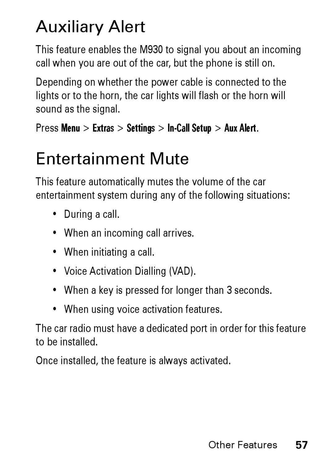 Motorola M930 manual Auxiliary Alert, Entertainment Mute 