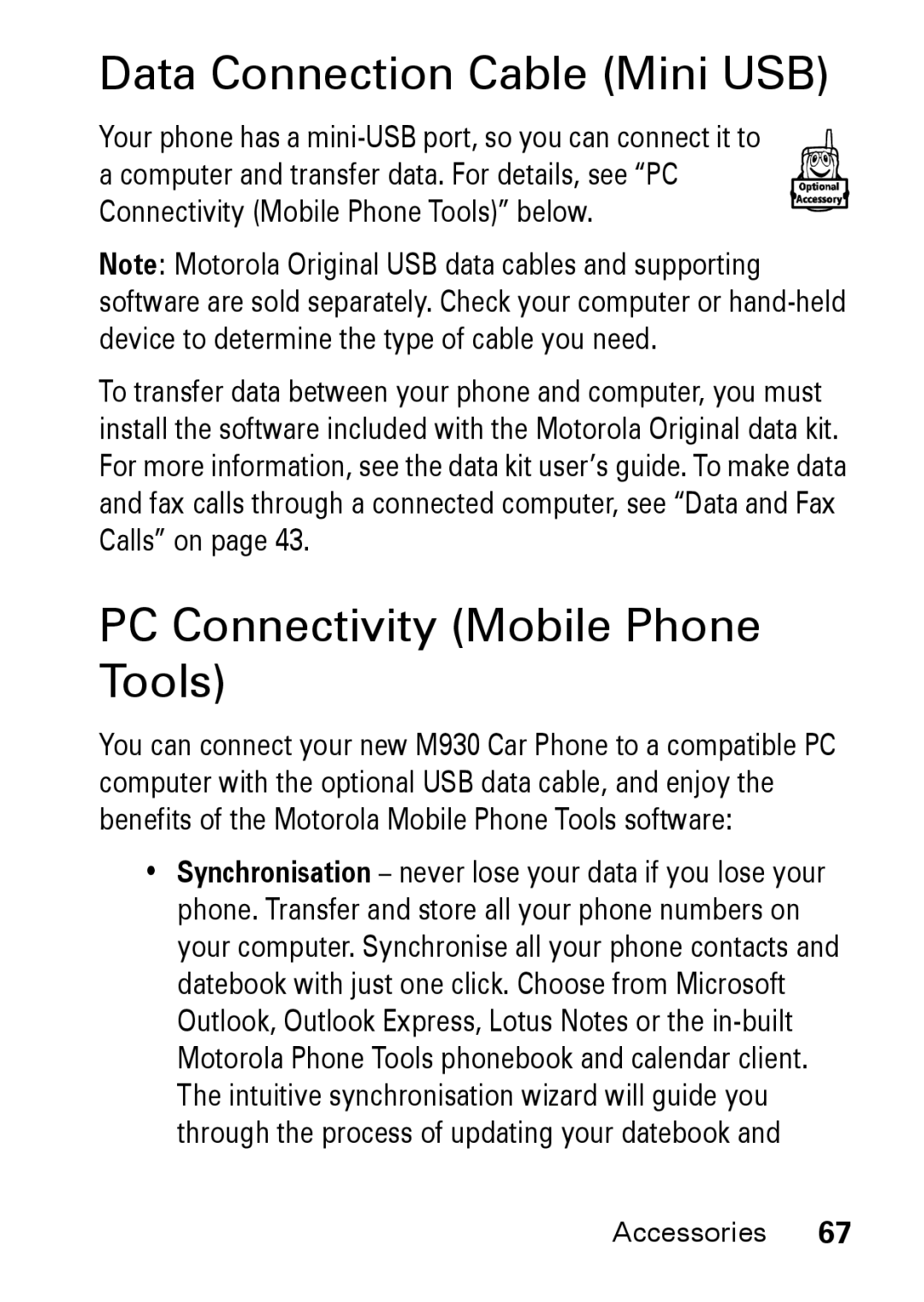 Motorola M930 manual Data Connection Cable Mini USB, PC Connectivity Mobile Phone Tools 