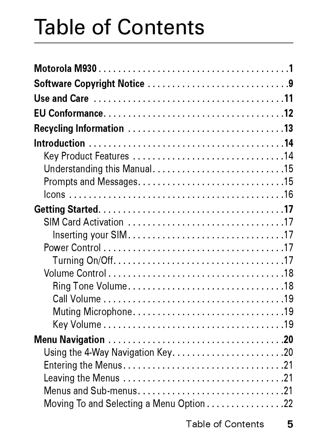 Motorola M930 manual Table of Contents 