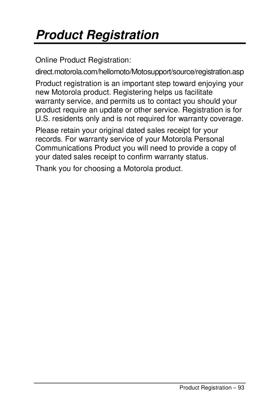 Motorola M990 manual Product Registration 