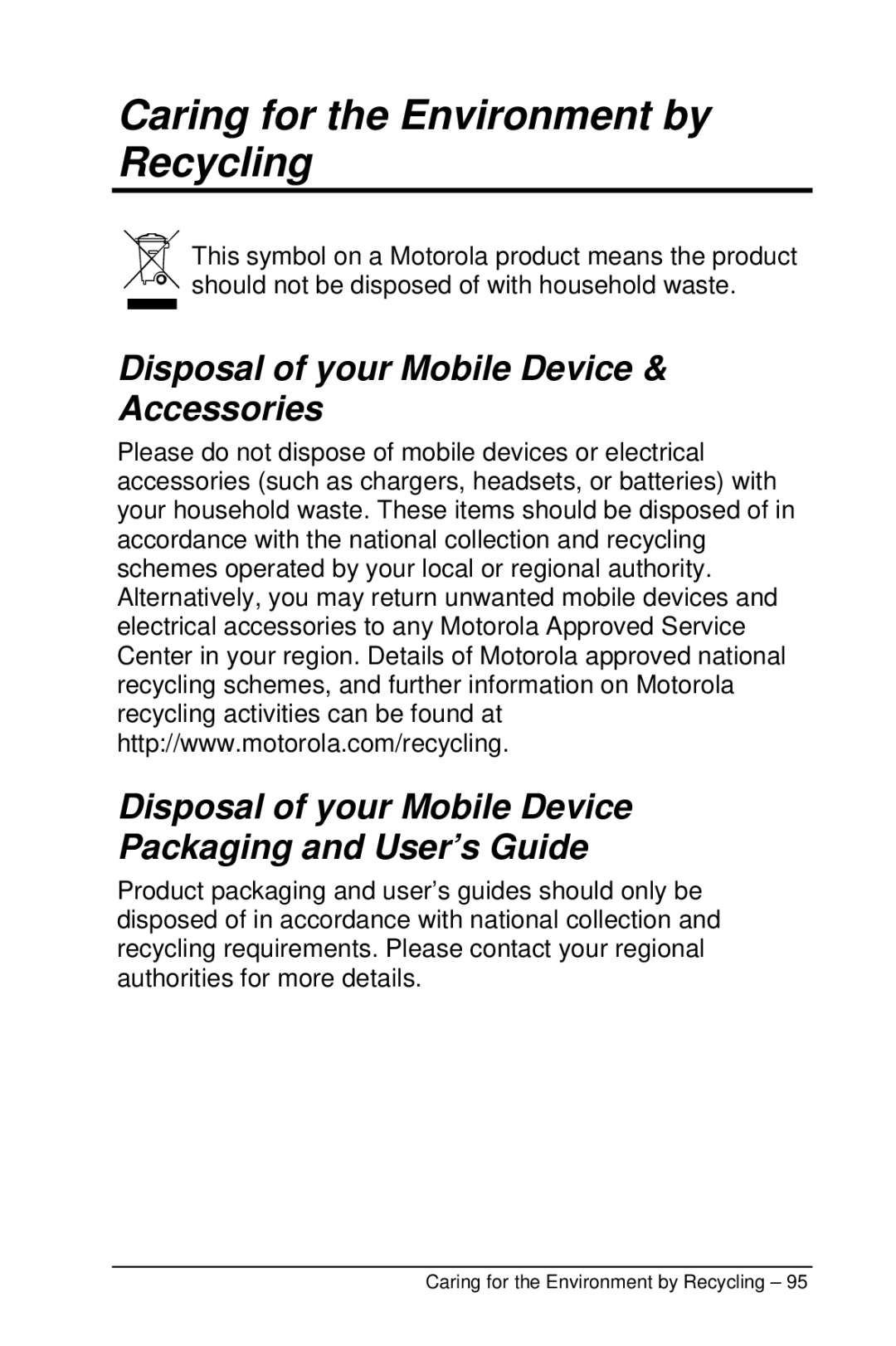 Motorola M990 manual Caring for the Environment by Recycling 