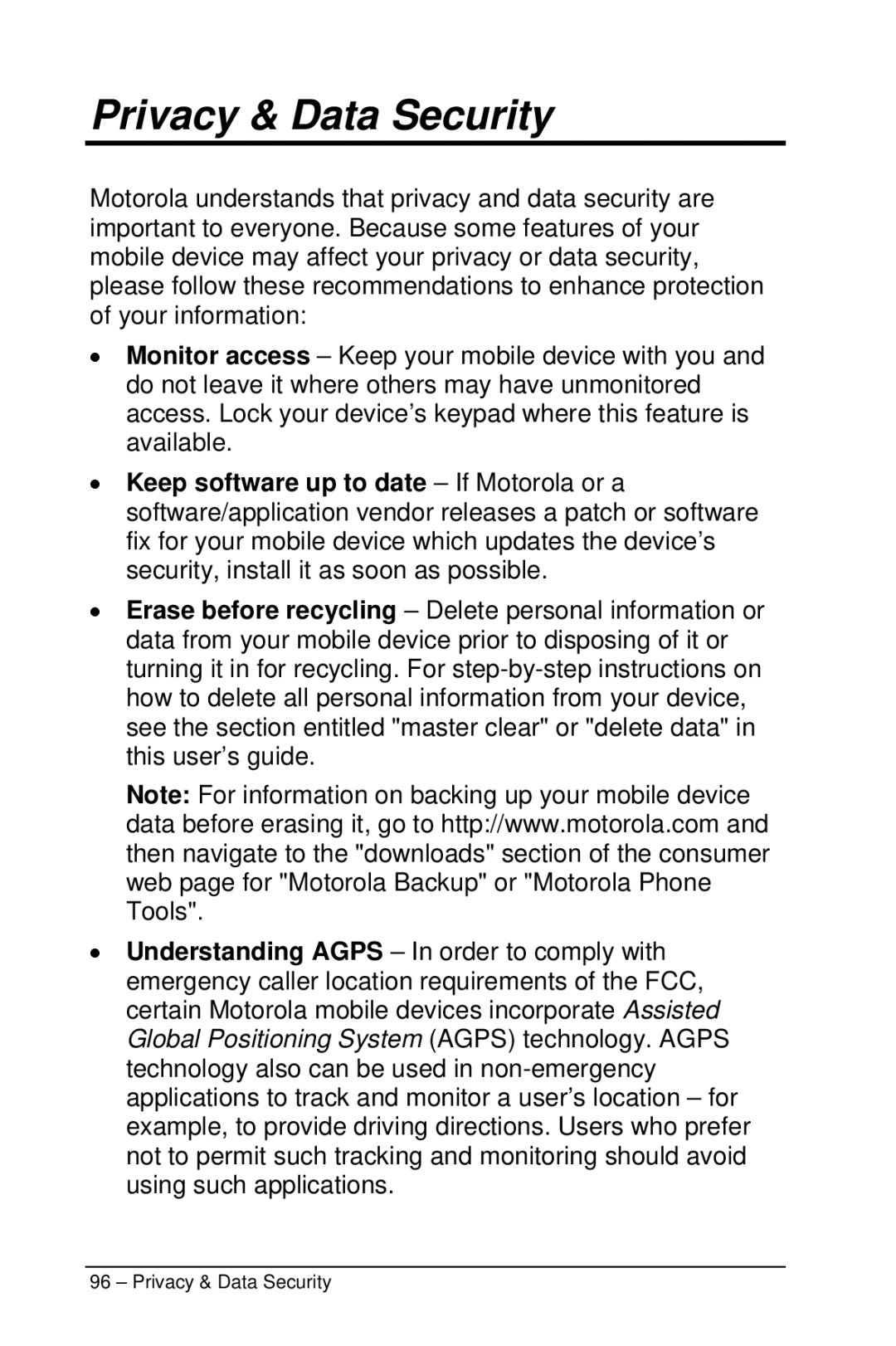 Motorola M990 manual Privacy & Data Security 