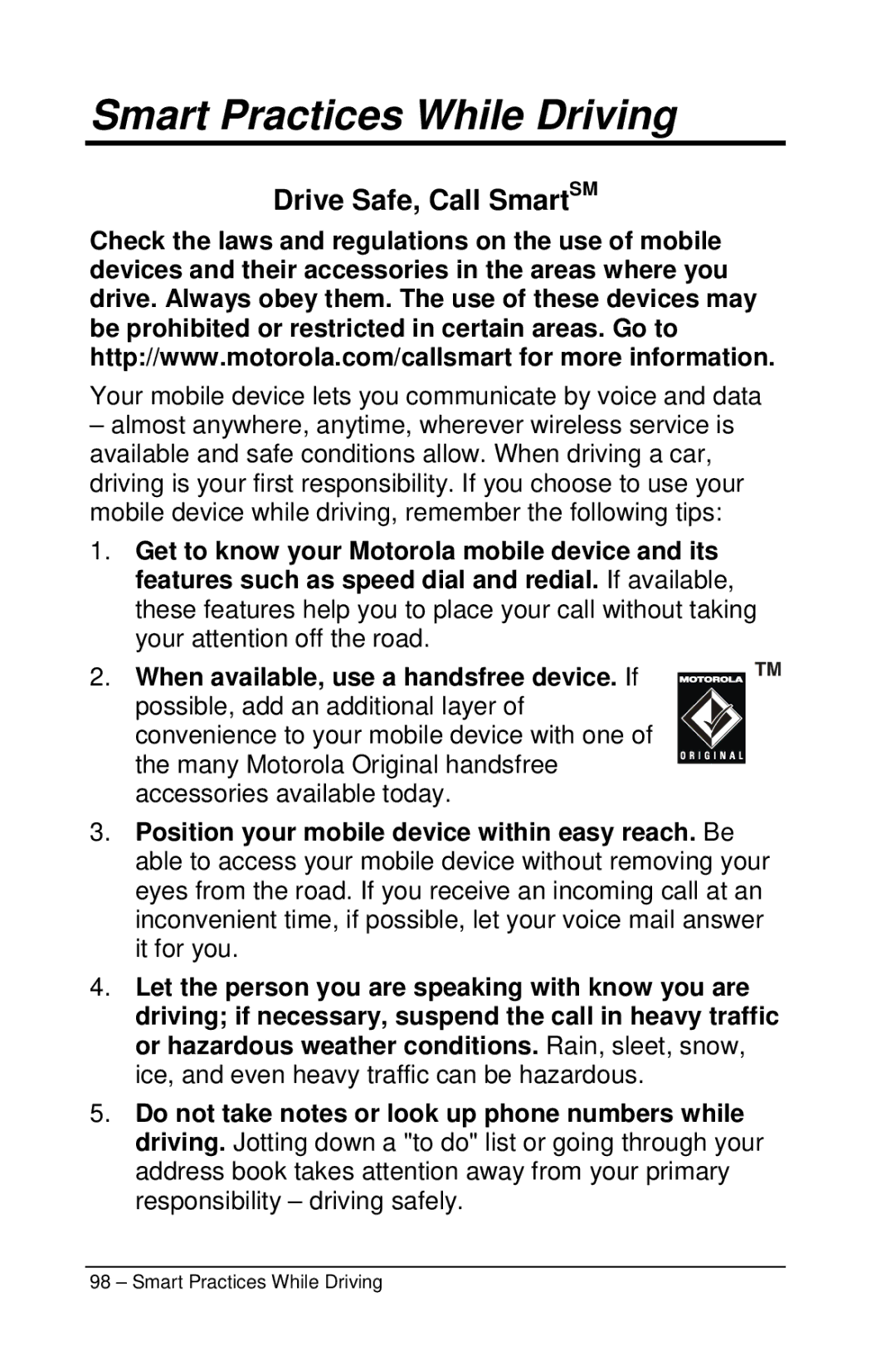 Motorola M990 manual Smart Practices While Driving, Drive Safe, Call SmartSM 