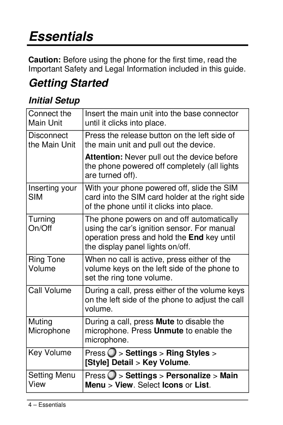 Motorola M990 manual Essentials, Getting Started, Initial Setup 