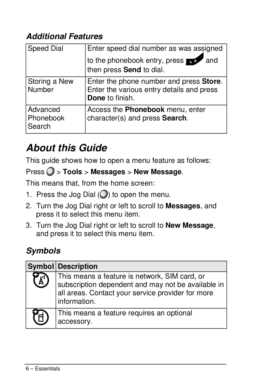 Motorola M990 manual About this Guide, Additional Features, Symbols, Press Tools Messages New Message, Symbol Description 