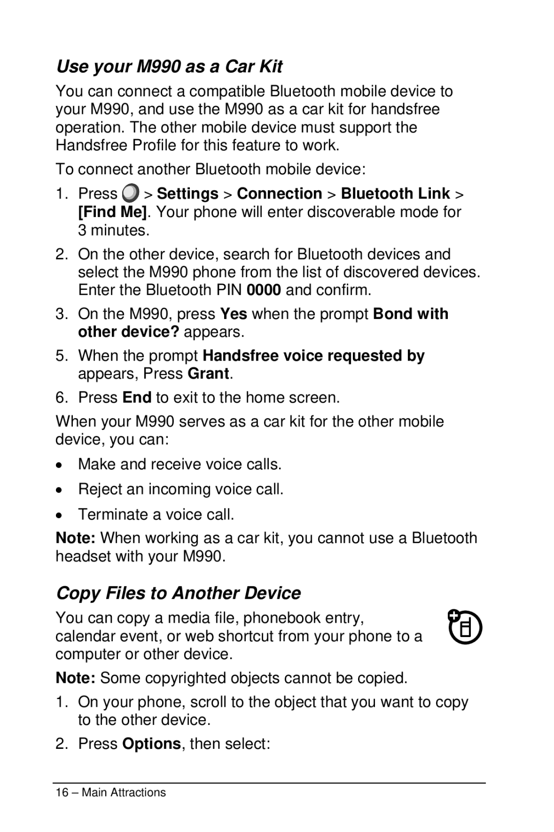 Motorola manual Use your M990 as a Car Kit, Copy Files to Another Device 