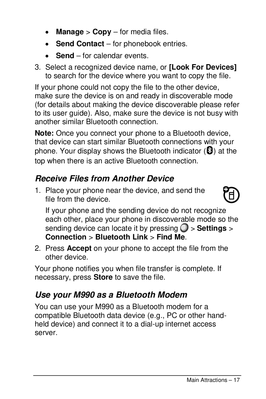 Motorola manual Receive Files from Another Device, Use your M990 as a Bluetooth Modem 