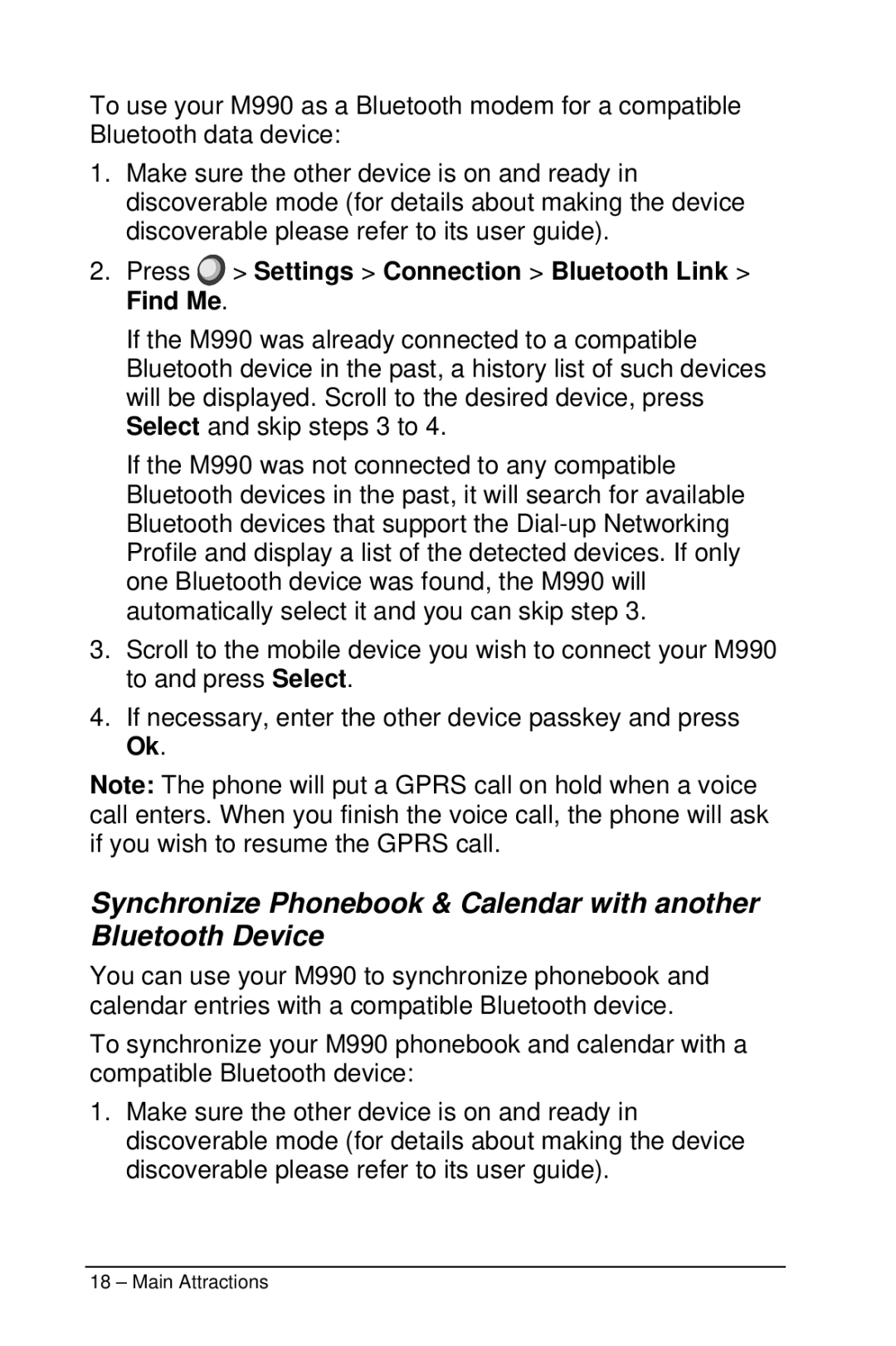 Motorola M990 manual Press Settings Connection Bluetooth Link Find Me 