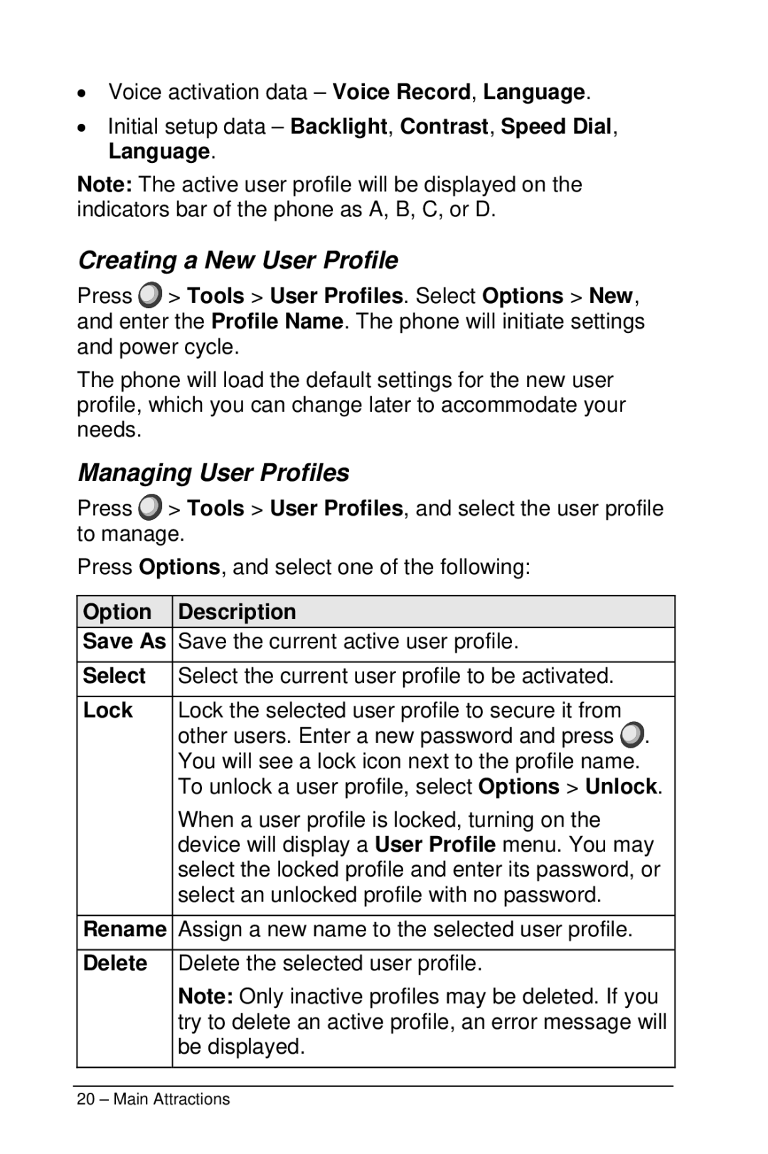 Motorola M990 manual Creating a New User Profile, Managing User Profiles 