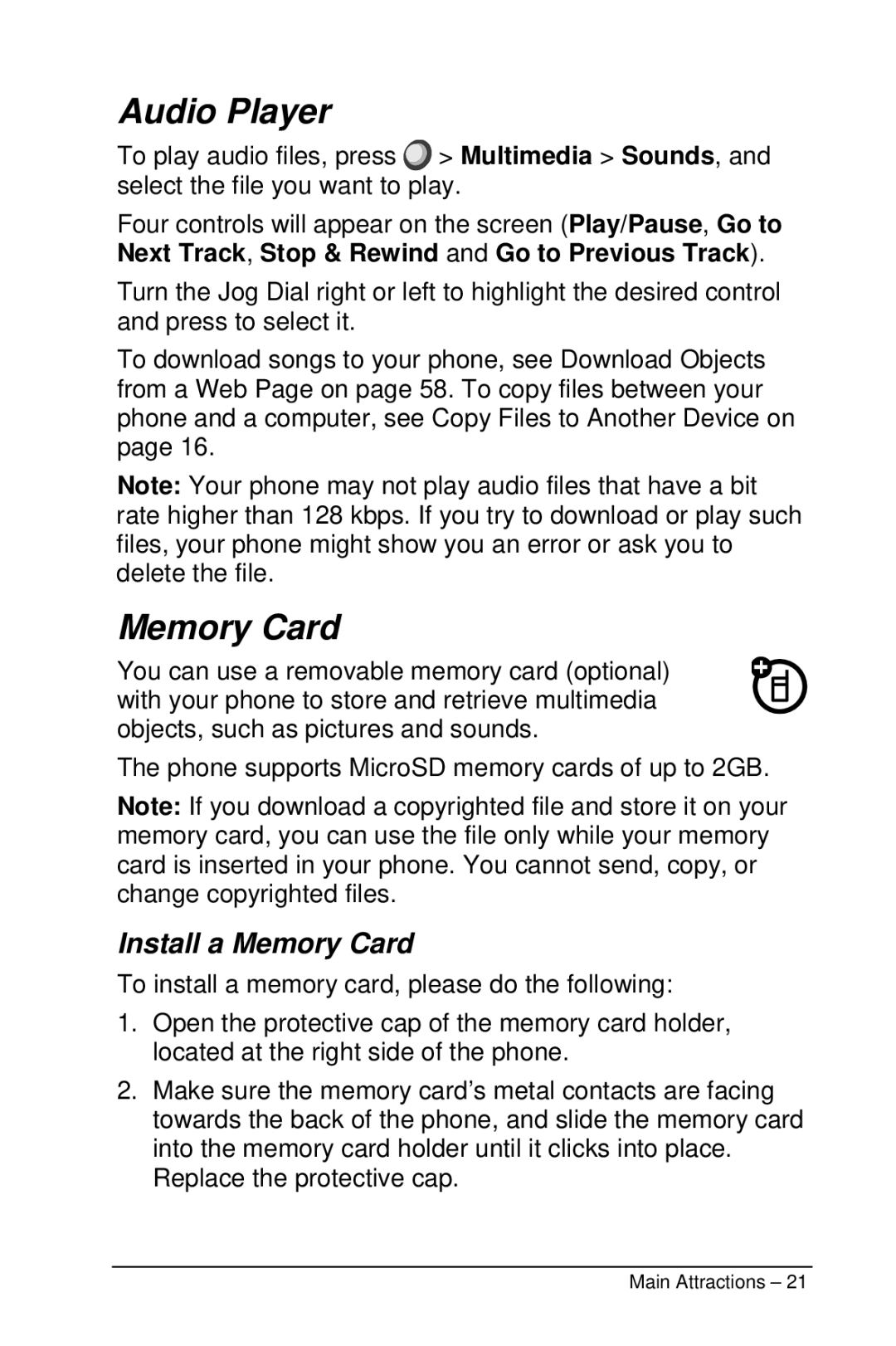 Motorola M990 manual Audio Player, Install a Memory Card 