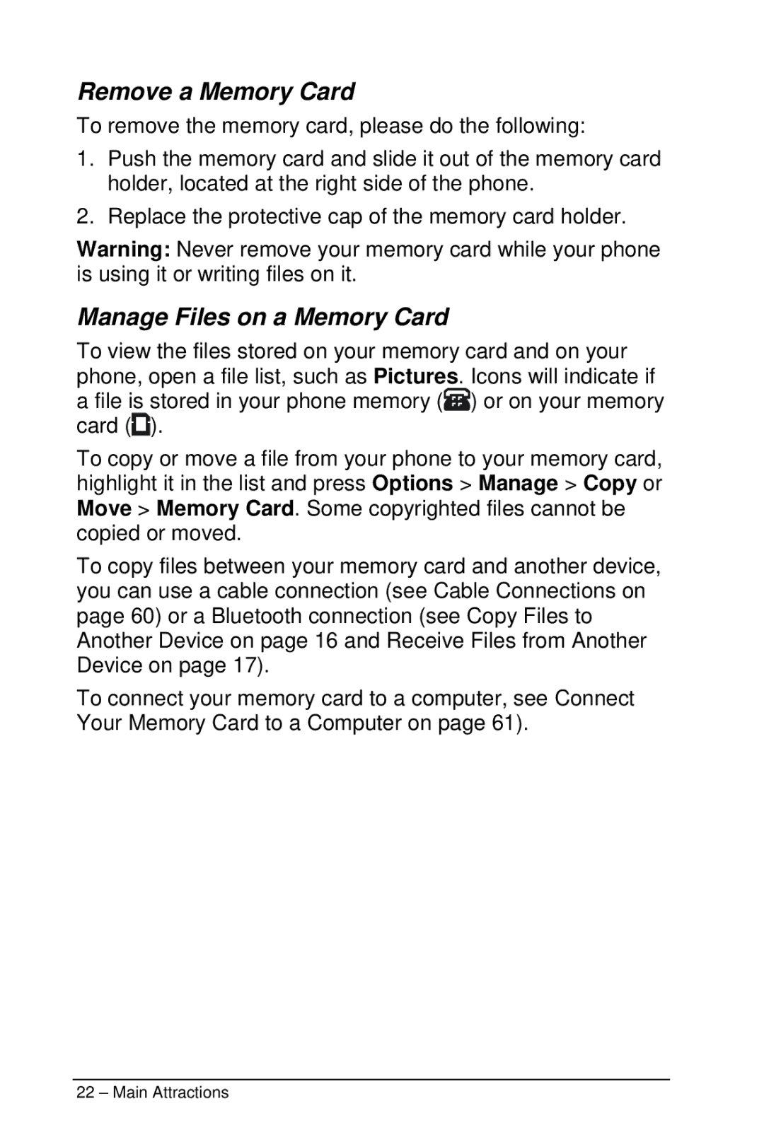 Motorola M990 manual Remove a Memory Card, Manage Files on a Memory Card 