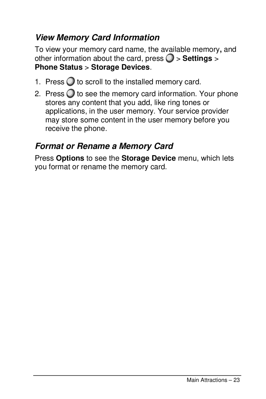 Motorola M990 manual View Memory Card Information, Format or Rename a Memory Card 