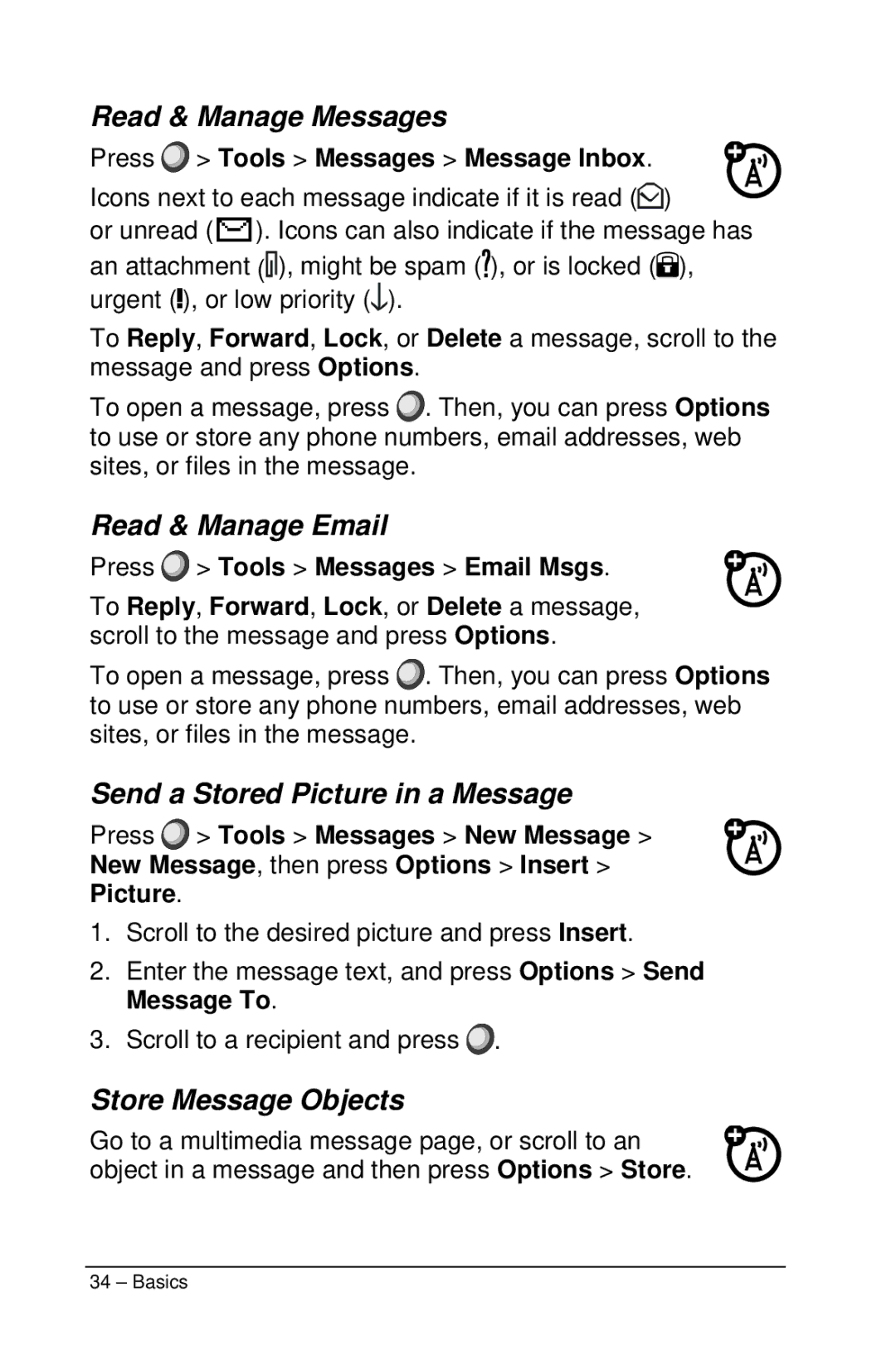 Motorola M990 manual Read & Manage Messages, Read & Manage Email, Send a Stored Picture in a Message, Store Message Objects 