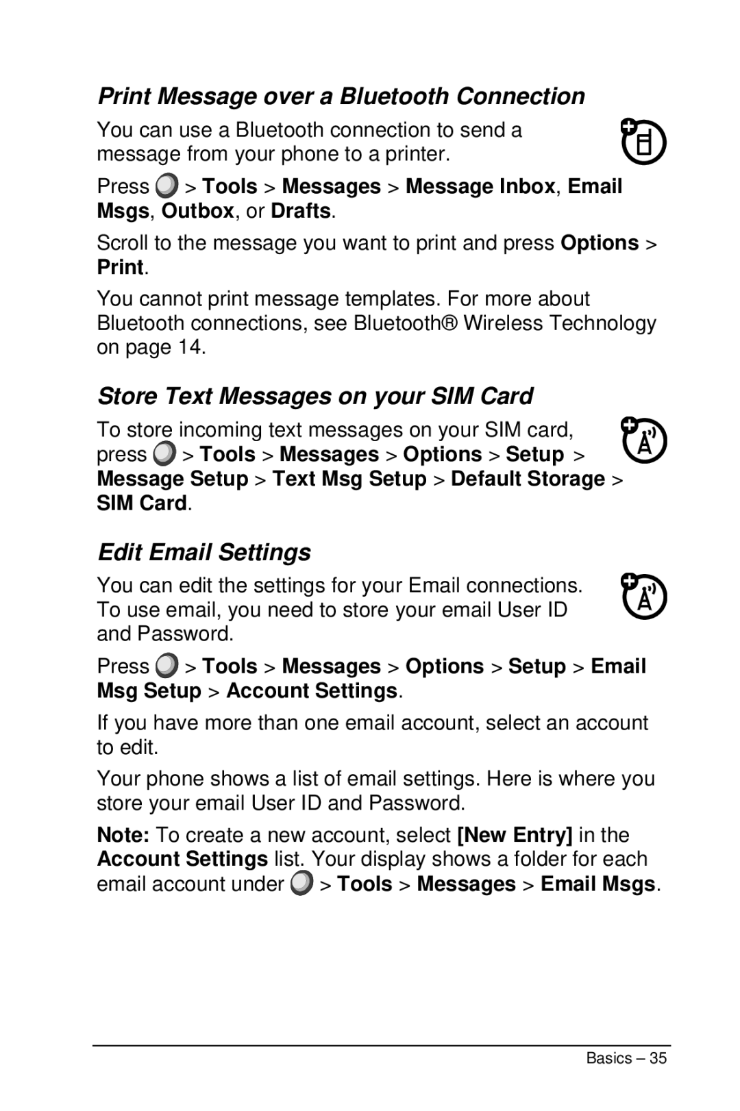 Motorola M990 manual Print Message over a Bluetooth Connection, Store Text Messages on your SIM Card, Edit Email Settings 