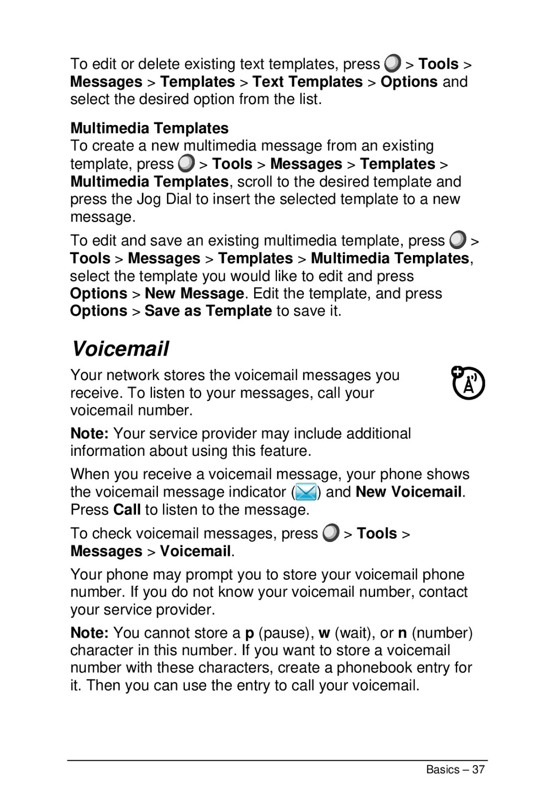 Motorola M990 manual Voicemail, Multimedia Templates 