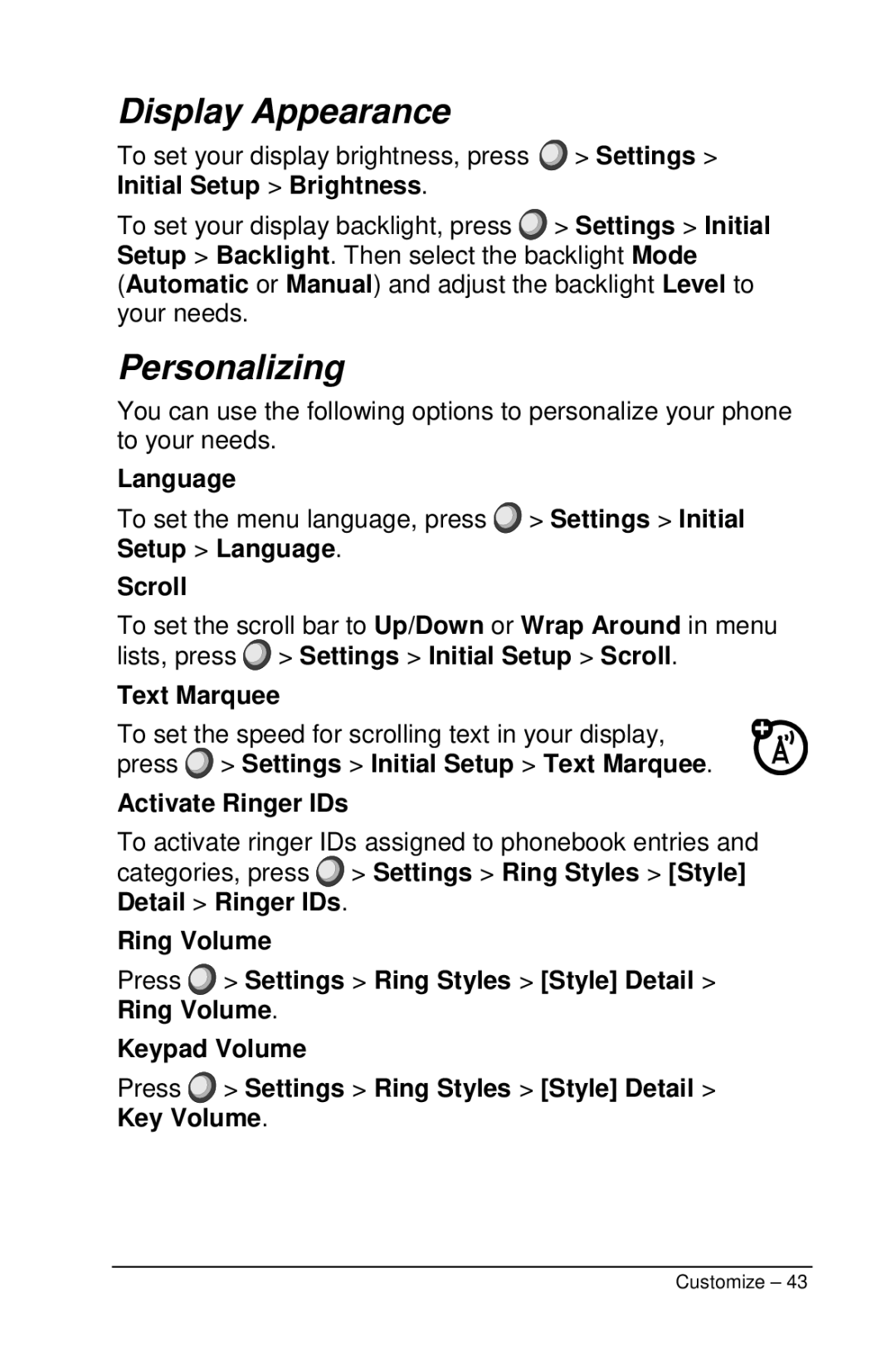 Motorola M990 manual Display Appearance, Personalizing 