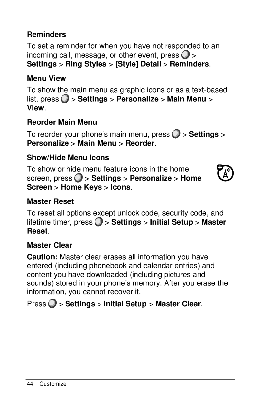 Motorola M990 manual Reminders, Menu View, Reorder Main Menu, Show/Hide Menu Icons, Master Reset 