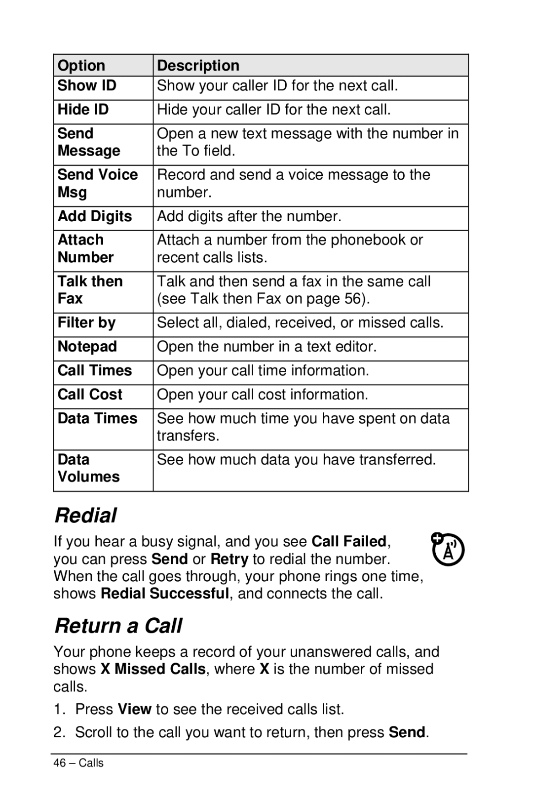 Motorola M990 manual Redial, Return a Call 