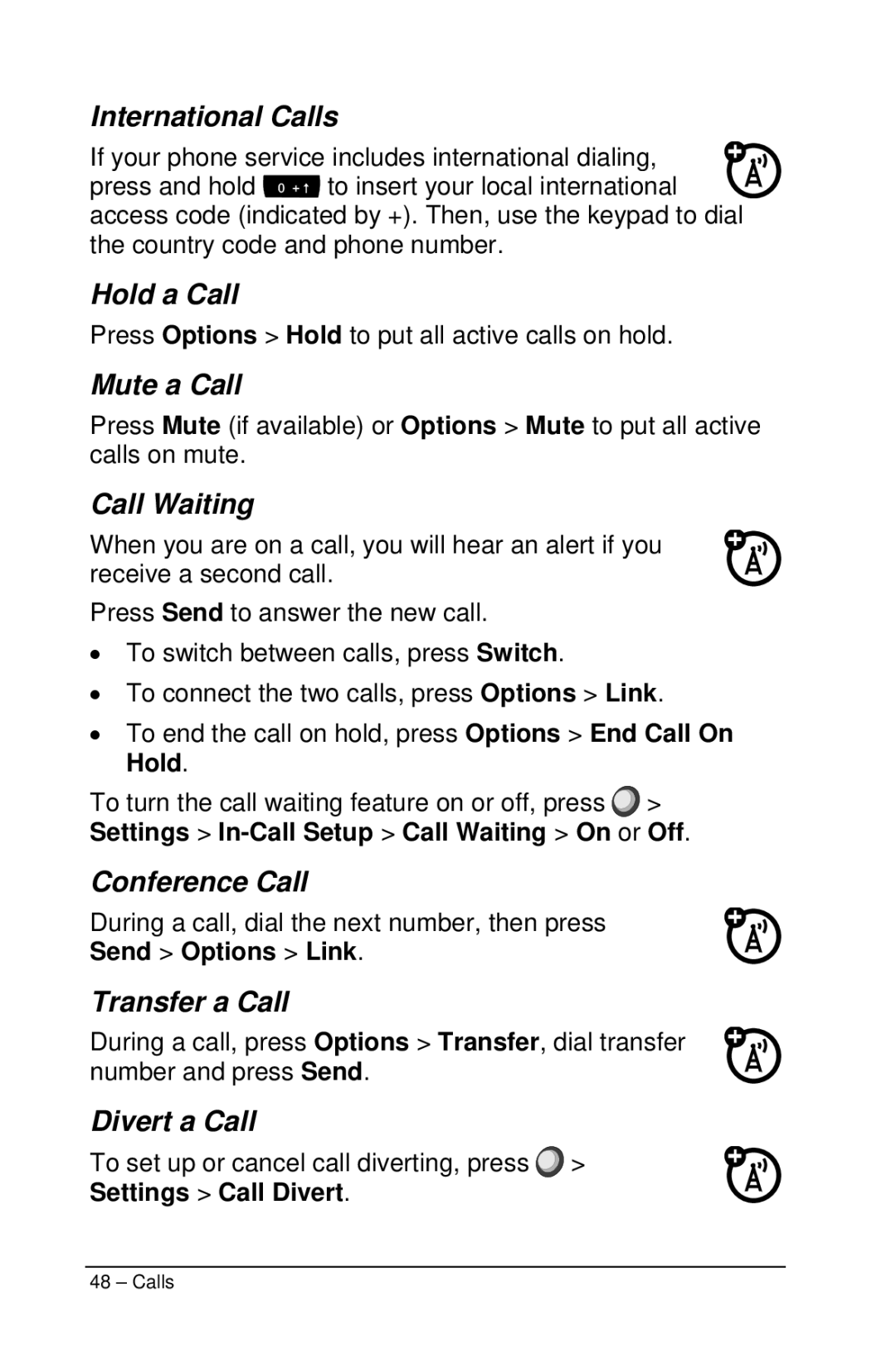 Motorola M990 International Calls, Hold a Call, Mute a Call, Call Waiting, Conference Call, Transfer a Call, Divert a Call 