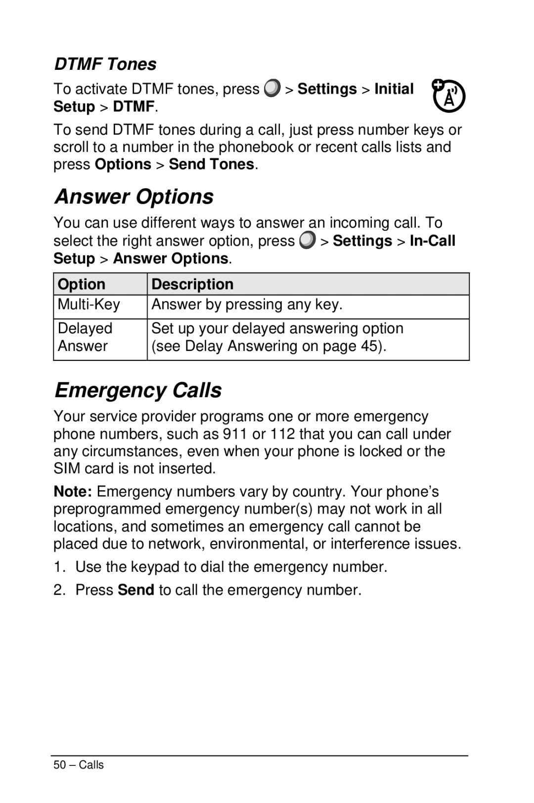 Motorola M990 manual Answer Options, Emergency Calls, Dtmf Tones, Option Description 