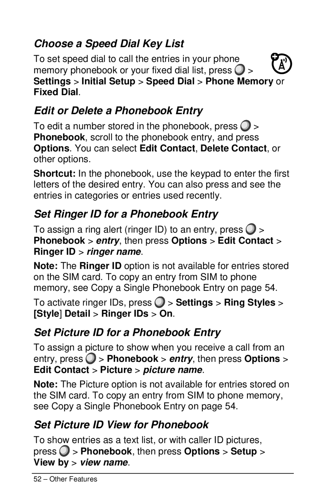 Motorola M990 manual Choose a Speed Dial Key List, Edit or Delete a Phonebook Entry, Set Ringer ID for a Phonebook Entry 