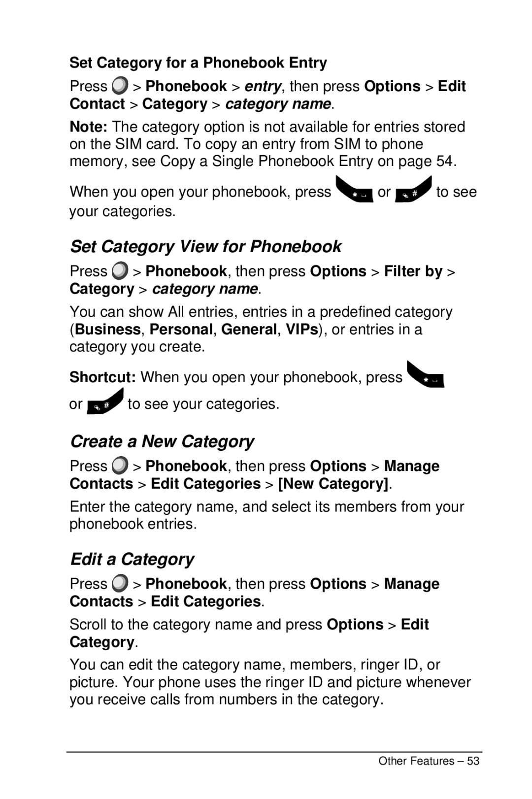 Motorola M990 Set Category View for Phonebook, Create a New Category, Edit a Category, Set Category for a Phonebook Entry 