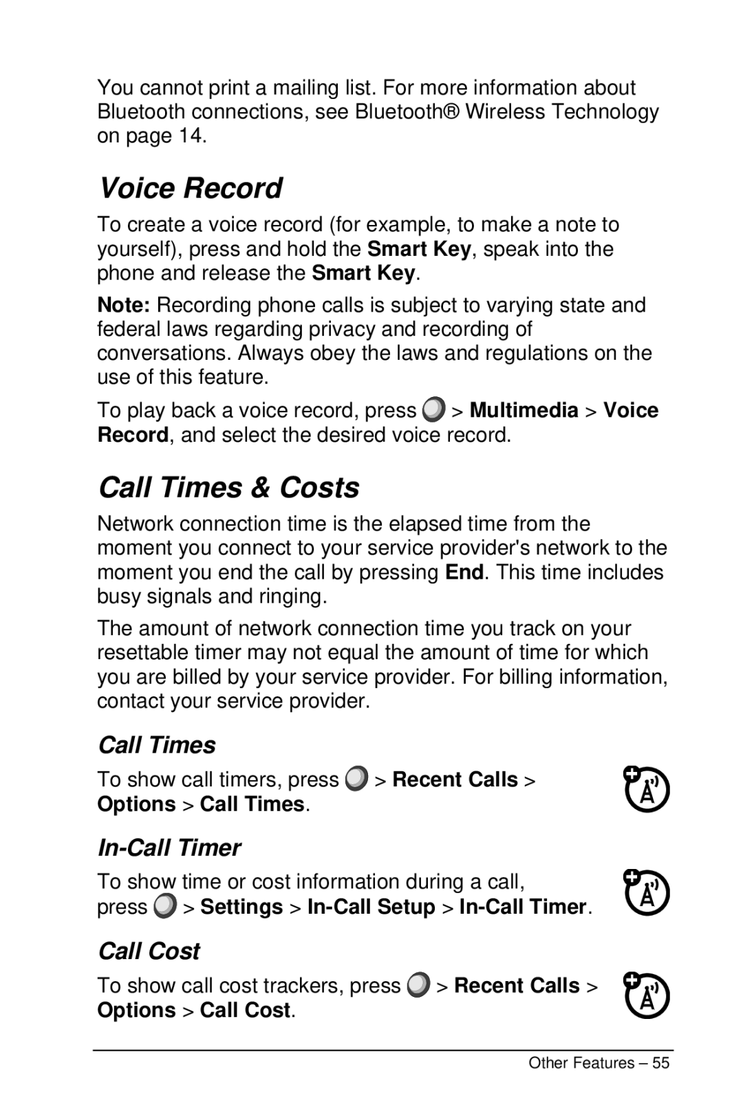 Motorola M990 manual Voice Record, Call Times & Costs, In-Call Timer, Call Cost 