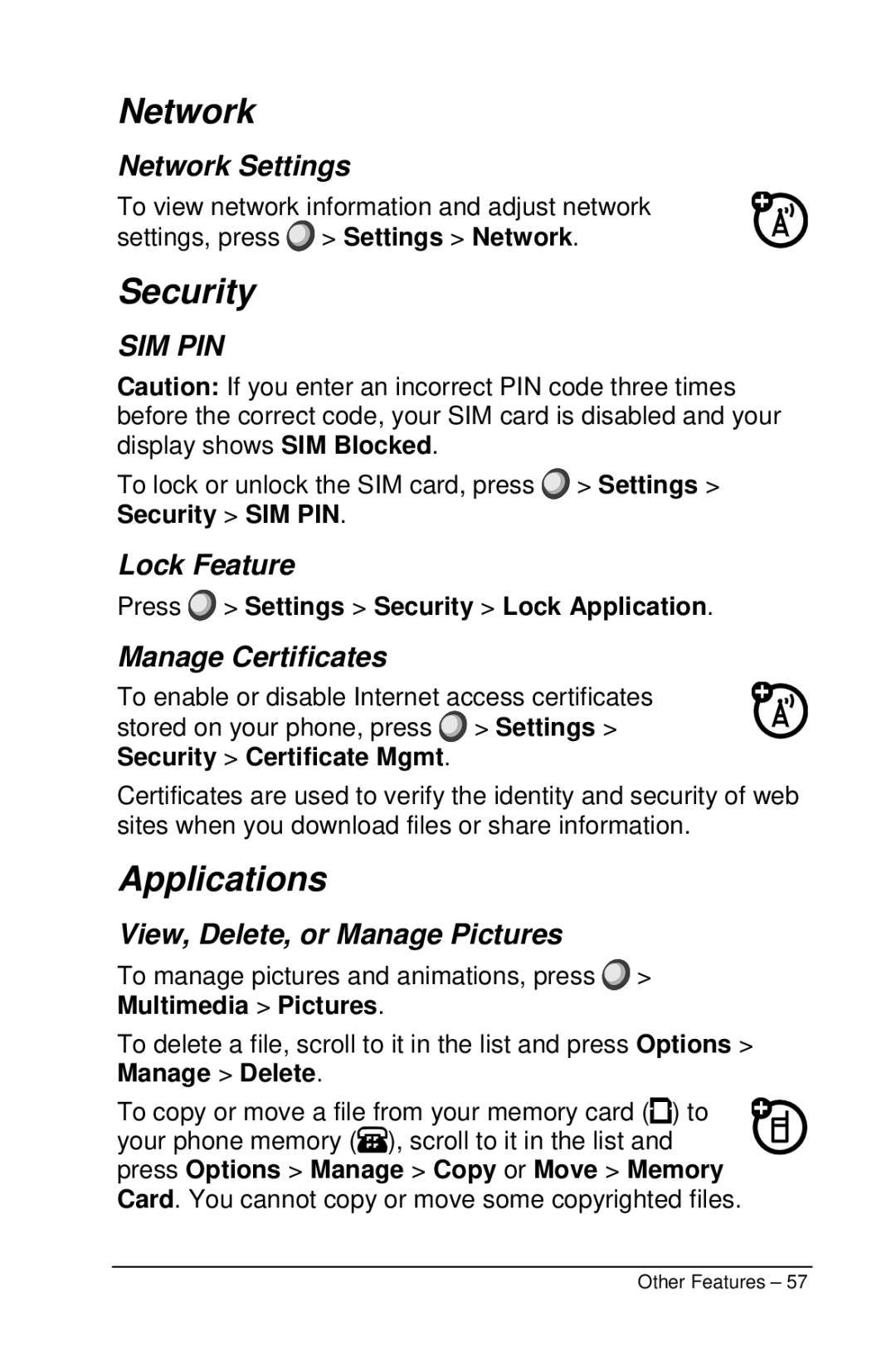 Motorola M990 manual Network, Security, Applications 