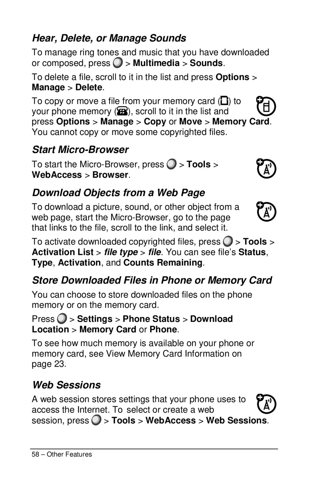 Motorola M990 manual Hear, Delete, or Manage Sounds, Start Micro-Browser, Download Objects from a Web, Web Sessions 