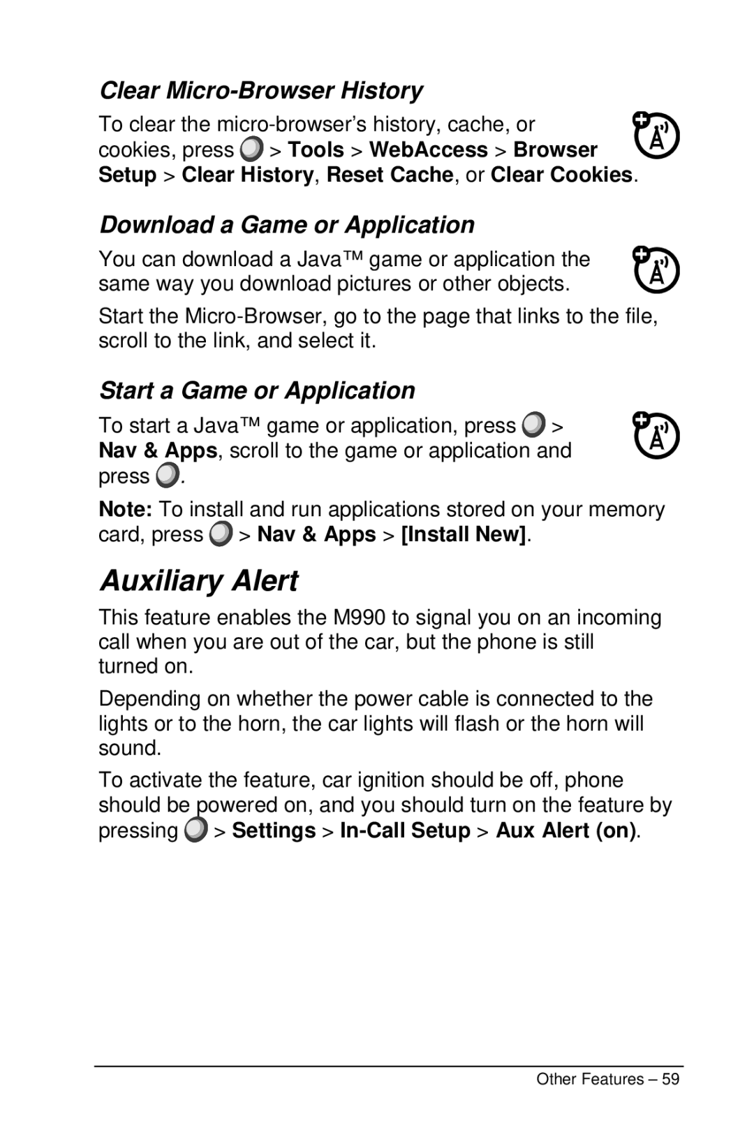 Motorola M990 Auxiliary Alert, Clear Micro-Browser History, Download a Game or Application, Start a Game or Application 