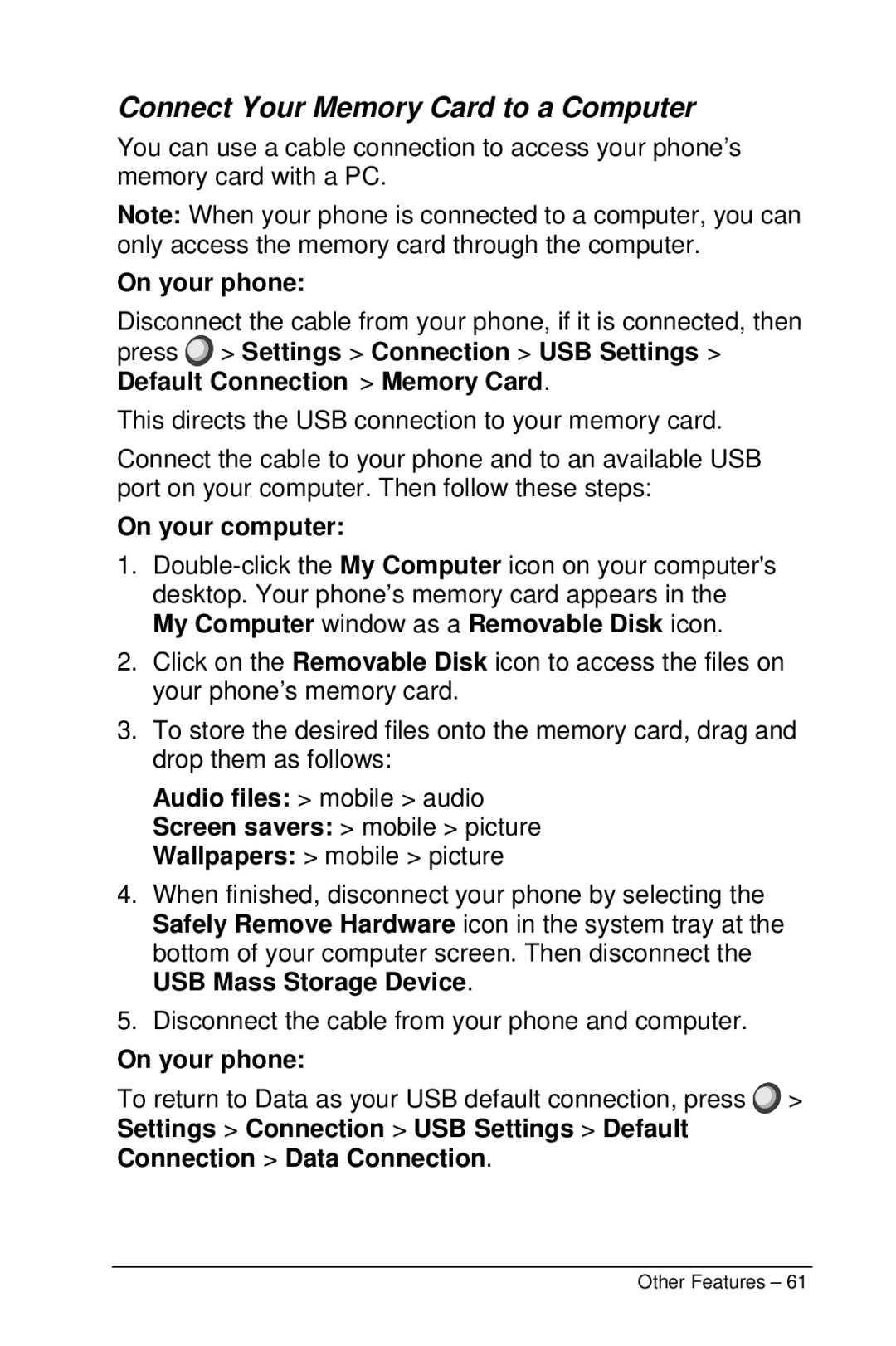 Motorola M990 manual Connect Your Memory Card to a Computer, On your phone, On your computer 