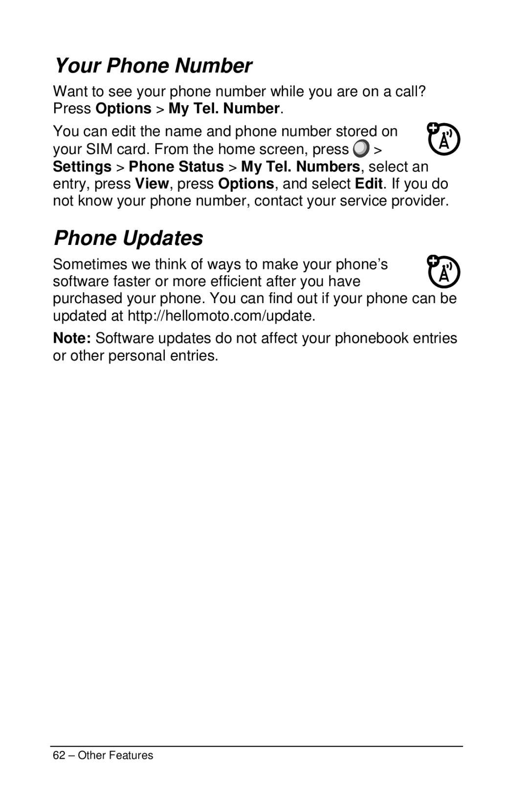 Motorola M990 manual Your Phone Number, Phone Updates 