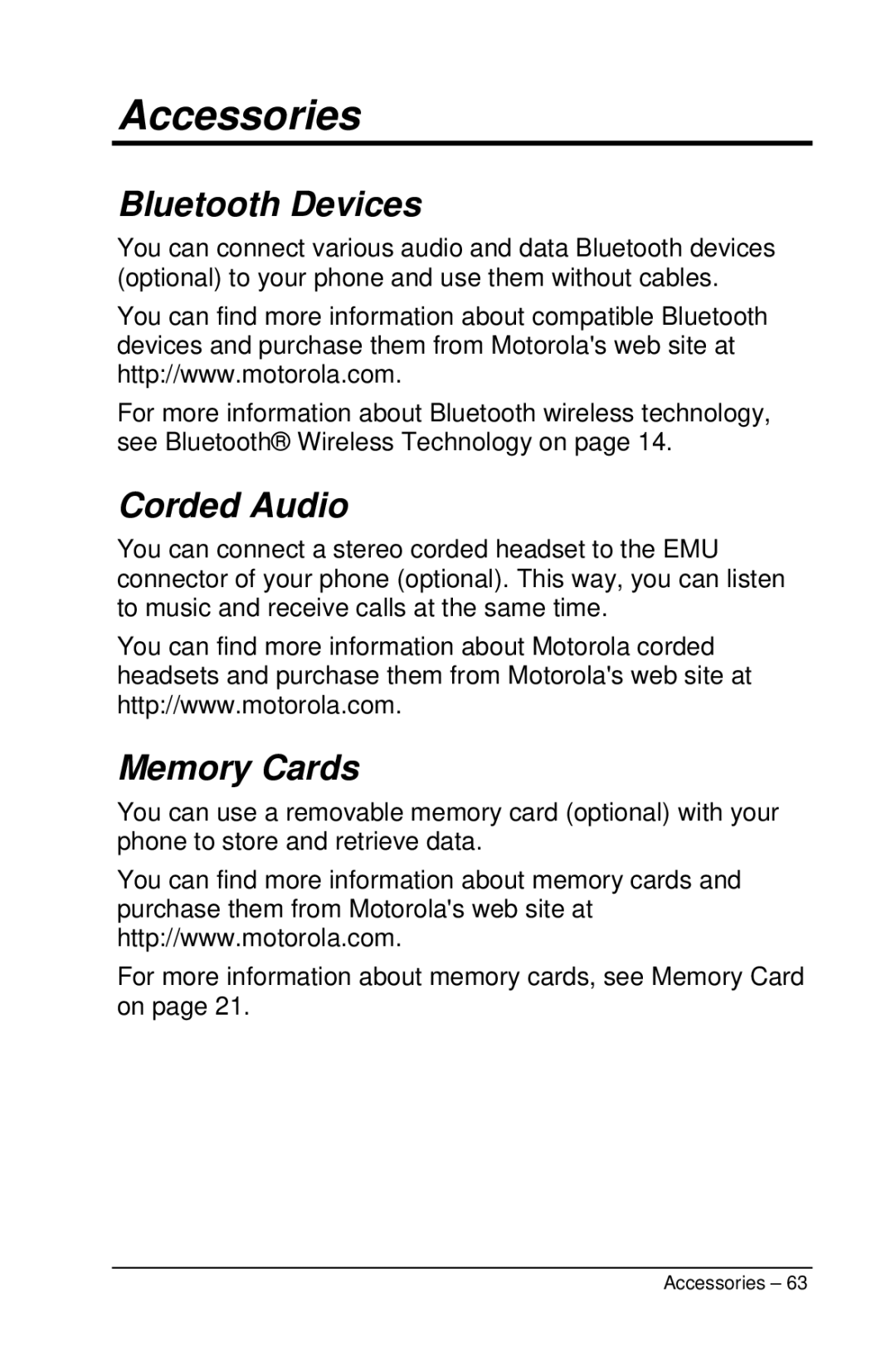 Motorola M990 manual Accessories, Bluetooth Devices, Corded Audio, Memory Cards 