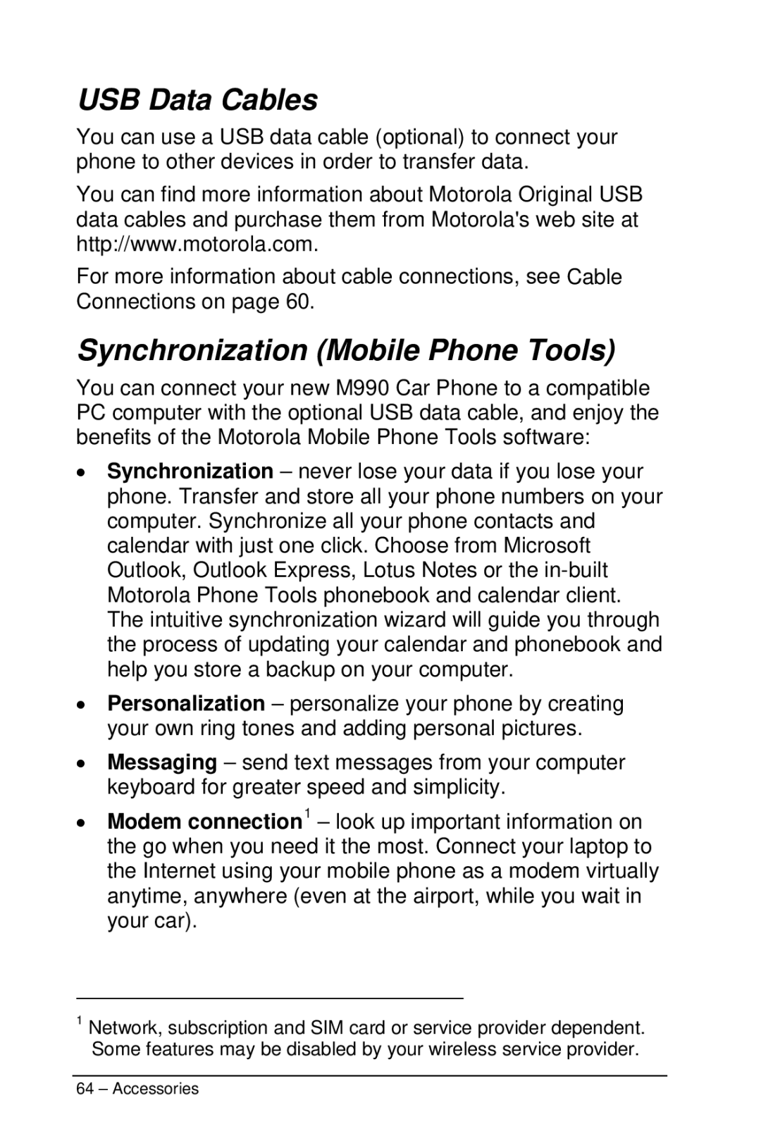 Motorola M990 manual USB Data Cables, Synchronization Mobile Phone Tools 