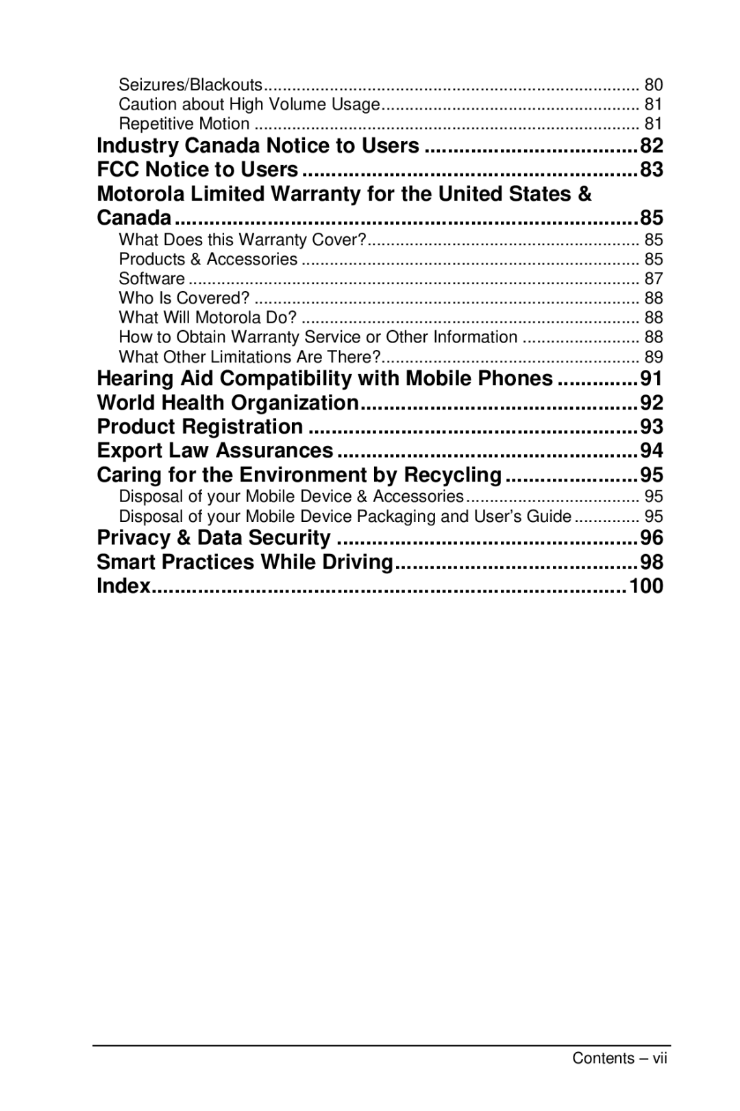 Motorola M990 manual Industry Canada Notice to Users 