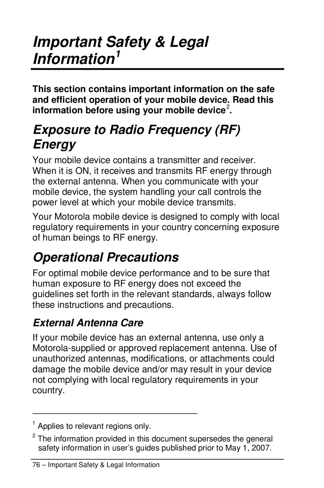 Motorola M990 manual Important Safety & Legal Information1, Exposure to Radio Frequency RF Energy, Operational Precautions 