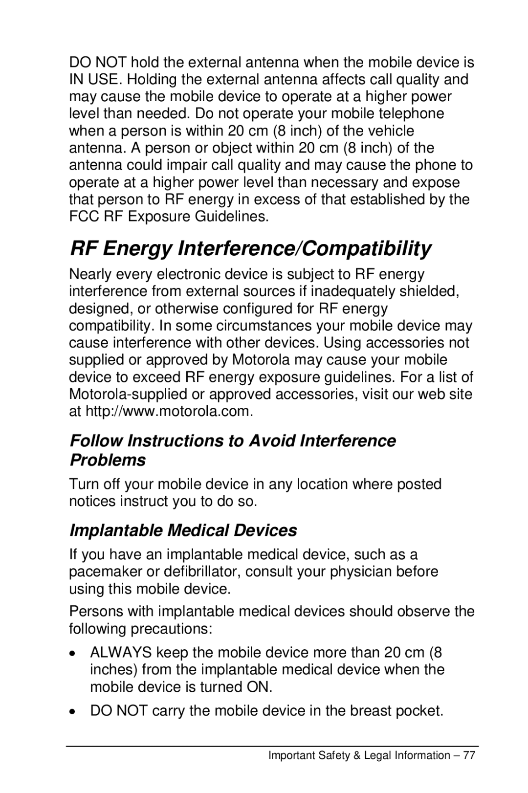 Motorola M990 manual RF Energy Interference/Compatibility, Follow Instructions to Avoid Interference Problems 