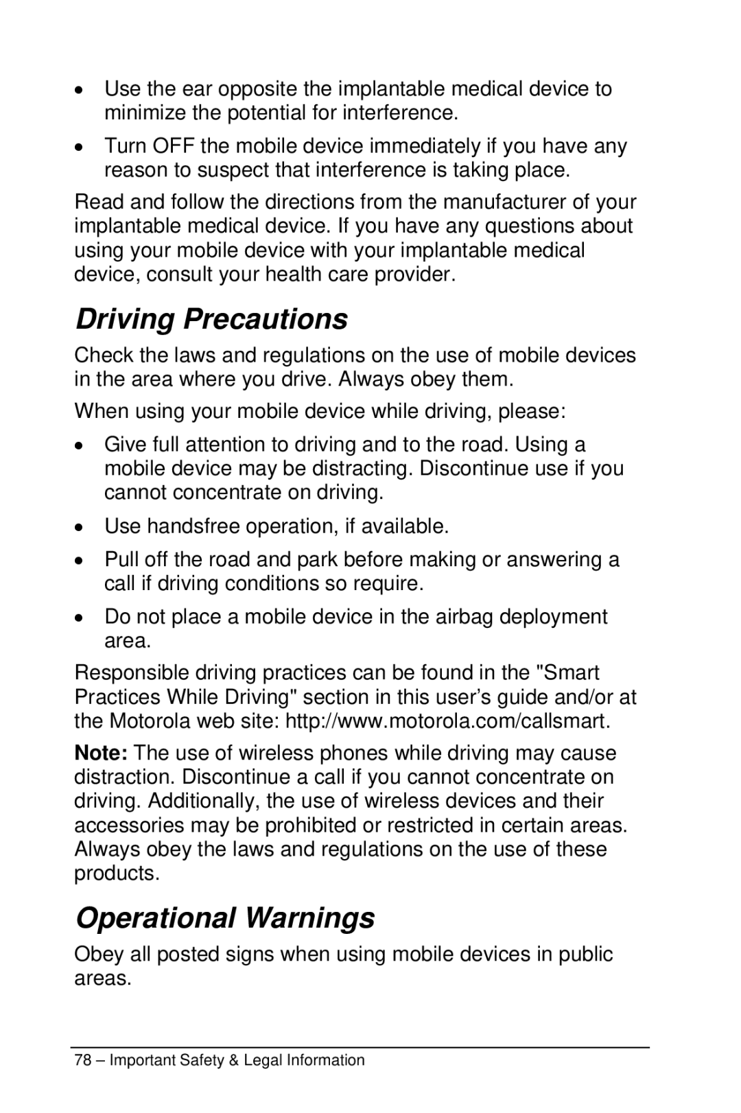 Motorola M990 manual Driving Precautions, Operational Warnings 