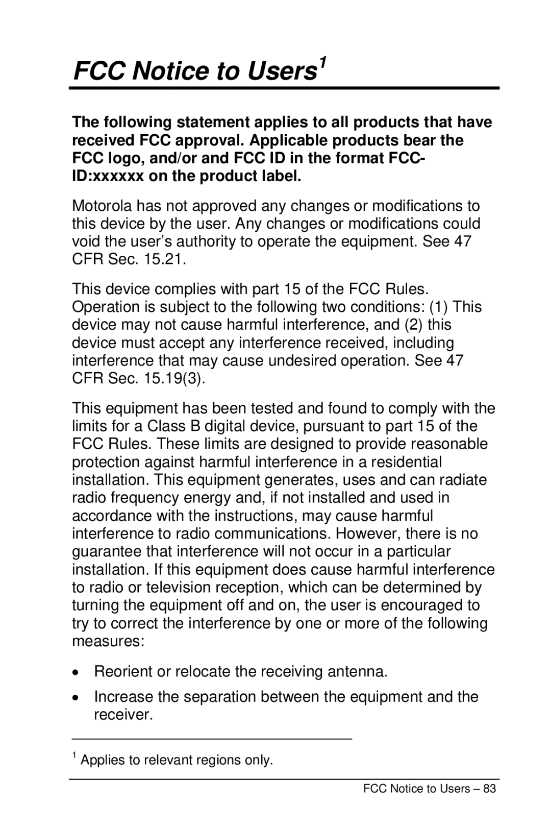 Motorola M990 manual FCC Notice to Users1 