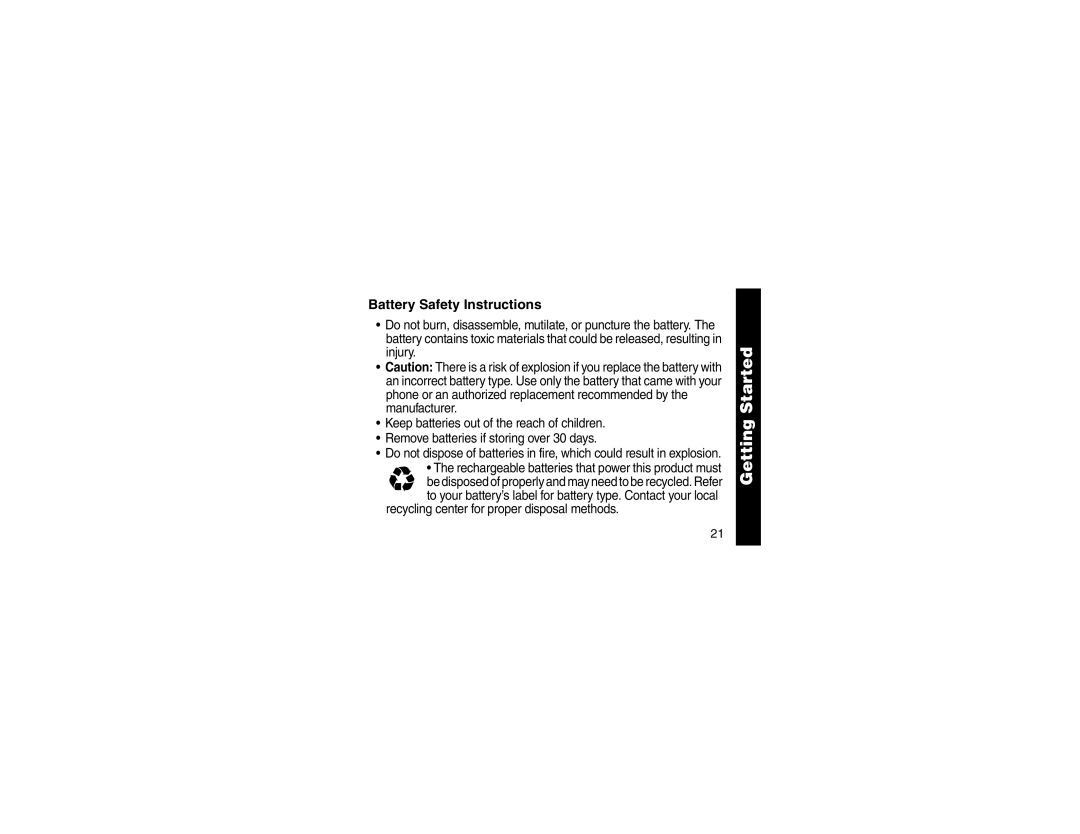 Motorola MA300 manual Battery Safety Instructions 