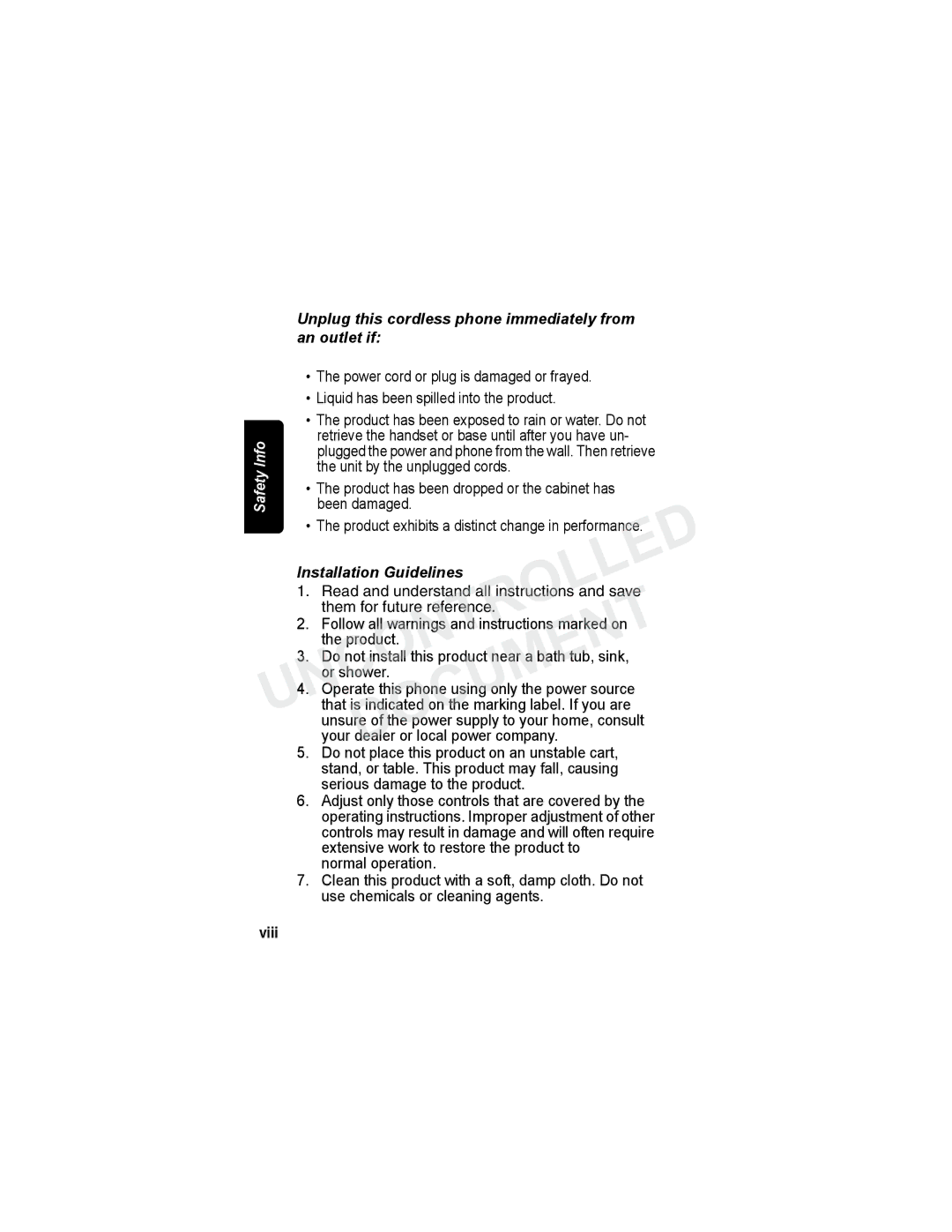 Motorola MA3160 manual Unplug this cordless phone immediately from an outlet if, Viii 