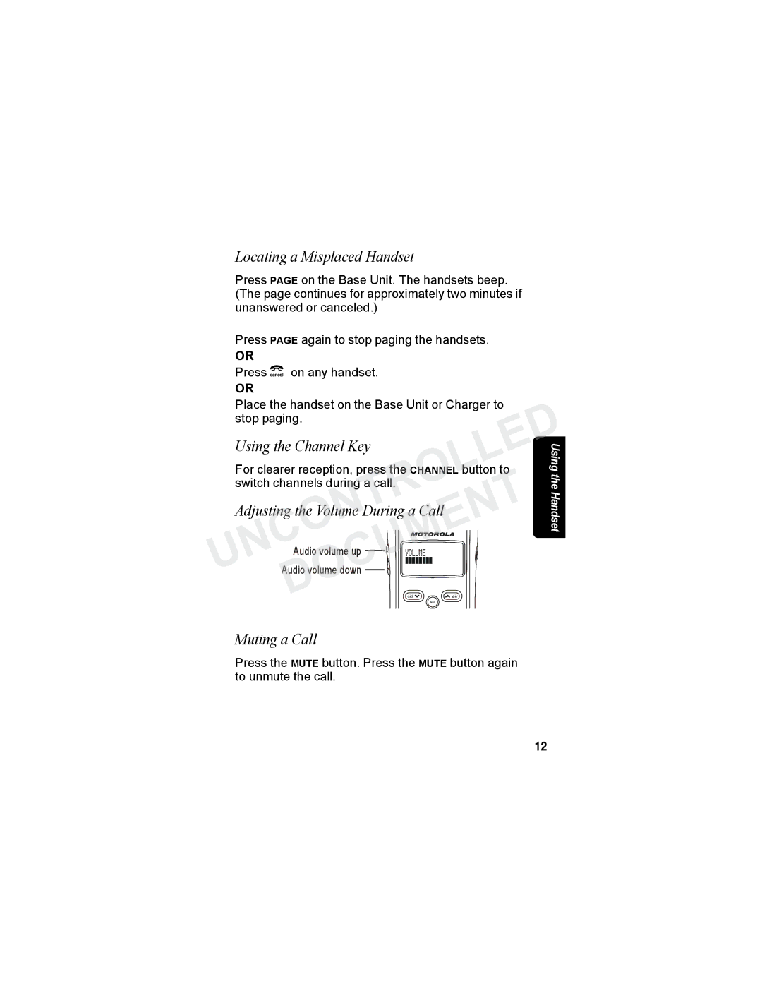 Motorola MA3160 Locating a Misplaced Handset, Using the Channel Key, Adjusting the Volume During a Call, Muting a Call 