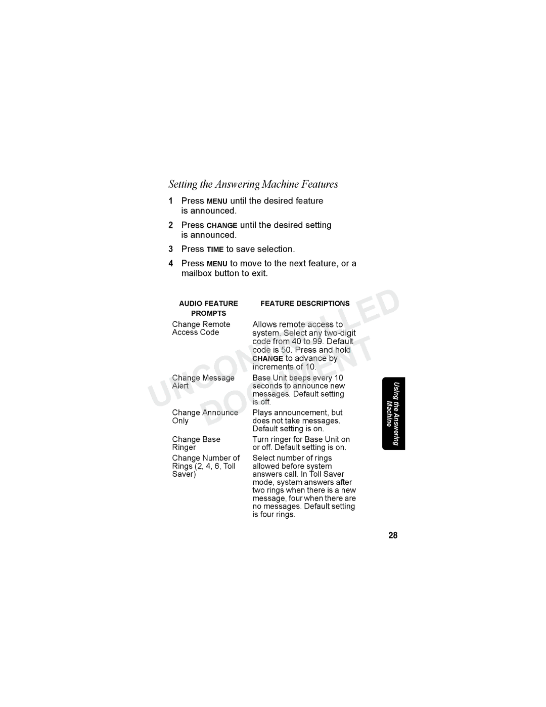 Motorola MA3160 manual Setting the Answering Machine Features, Change to advance by Increments 