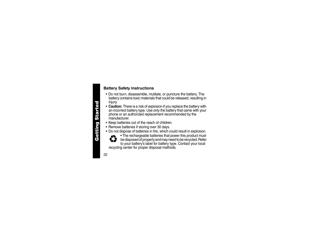 Motorola MA352, MA350, MA351 manual Battery Safety Instructions 