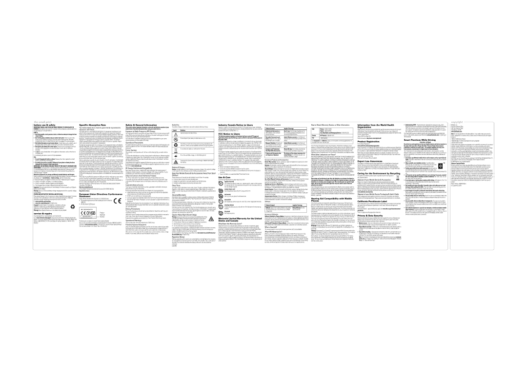 Motorola Manual Number: Battery use & safety, Service & repairs, Specific Absorption Rate, Safety & General Information 